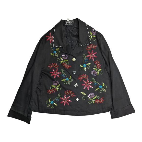 Vtg Y2K Faith Black Cotton Floral Embroidered Embellished Button Up Jacket M - Picture 1 of 5